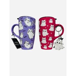 (2) Cobwebs And Cauldrons Kitty Cat Ghost Travel Mugs Halloween New W/ Keychain